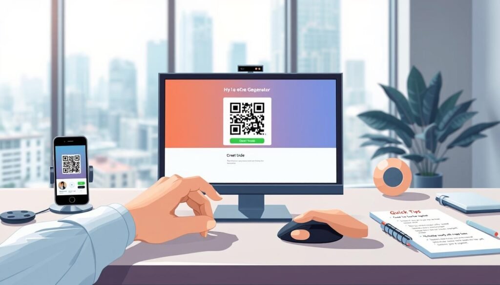 A sleek, modern workspace featuring a computer screen displaying a vibrant and user-friendly QR Code generator interface. In the foreground, a pair of professional hands are hovering over a mouse, poised to create a QR code. The middle ground includes a stylish desktop with essential tools like a smartphone scanning a QR code and a notepad with quick tips for creating codes. Soft, ambient lighting creates a productive atmosphere, emphasizing the ease and efficiency of the process. The background shows a blurred cityscape through a large window, symbolizing connectivity and technology. The scene conveys a sense of innovation and simplicity, perfect for illustrating a quick and hassle-free QR code generation experience. A sleek, modern workspace featuring a computer screen displaying a vibrant and user-friendly QR Code generator interface. In the foreground, a pair of professional hands are hovering over a mouse, poised to create a QR code. The middle ground includes a stylish desktop with essential tools like a smartphone scanning a QR code and a notepad with quick tips for creating codes. Soft, ambient lighting creates a productive atmosphere, emphasizing the ease and efficiency of the process. The background shows a blurred cityscape through a large window, symbolizing connectivity and technology. The scene conveys a sense of innovation and simplicity, perfect for illustrating a quick and hassle-free QR code generation experience.