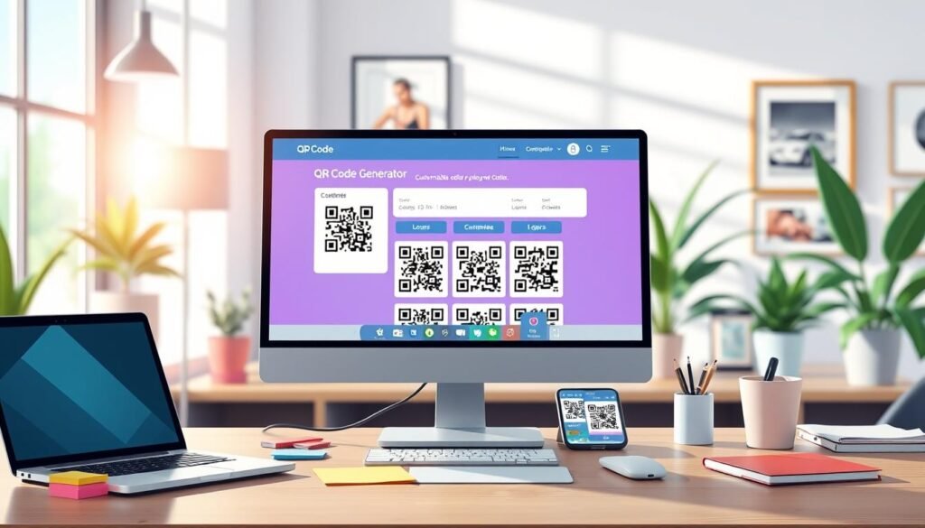A sleek, modern workspace featuring a computer screen displaying an innovative QR code generator interface. The foreground showcases an organized desk with a laptop, colorful sticky notes, and a smartphone scanning a QR code. In the middle, the vibrant website layout on the screen shows various QR code design options: customizable colors, logos, and formats. The background includes a well-lit room with soft-focus plants and artwork, enhancing the atmosphere of creativity and professionalism. Natural light streams in from a window, casting soft shadows. The overall mood is inviting and efficient, emphasizing ease of use and accessibility in QR code generation.
