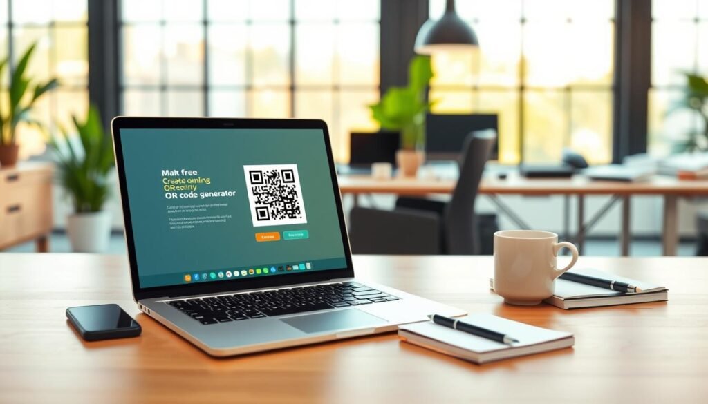 A sleek, modern workspace featuring a digital display of a free online QR code generator interface. In the foreground, a stylish laptop is open, showing a colorful and user-friendly design for creating QR codes swiftly. Surrounding the laptop, essential tools for productivity like a notepad and a coffee cup convey a sense of creativity and focus. In the middle ground, a soft-focus view of a desktop filled with tech gadgets enhances the tech-savvy atmosphere. The background features a bright office environment with large windows letting in natural light, creating a fresh and inviting mood. Use a shallow depth of field to emphasize the laptop and QR code while keeping other elements slightly blurred. The scene is warm and inviting, suggesting innovation and ease. A sleek, modern workspace featuring a digital display of a free online QR code generator interface. In the foreground, a stylish laptop is open, showing a colorful and user-friendly design for creating QR codes swiftly. Surrounding the laptop, essential tools for productivity like a notepad and a coffee cup convey a sense of creativity and focus. In the middle ground, a soft-focus view of a desktop filled with tech gadgets enhances the tech-savvy atmosphere. The background features a bright office environment with large windows letting in natural light, creating a fresh and inviting mood. Use a shallow depth of field to emphasize the laptop and QR code while keeping other elements slightly blurred. The scene is warm and inviting, suggesting innovation and ease.