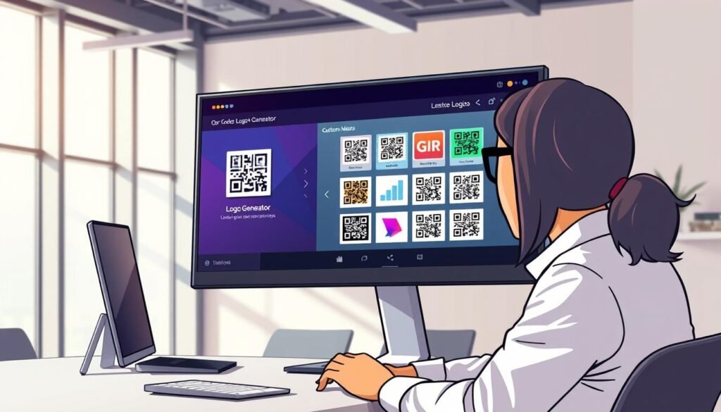 A sleek, modern workspace featuring a high-tech computer monitor displaying a vibrant QR code logo generator interface. In the foreground, a digital graphic designer, dressed in professional business attire, is intently focused on their work, manipulating design elements on the screen. The middle section showcases the colorful and intuitive user interface of the logo generator, with various QR code designs and logo options visible. The background features a contemporary office environment with soft, natural lighting streaming through large windows, creating a warm and inviting atmosphere. The overall mood conveys creativity and innovation, highlighting the ease of generating custom logos that integrate QR codes. The scene captures the essence of a professional, productive setting perfect for designing today's digital branding solutions.