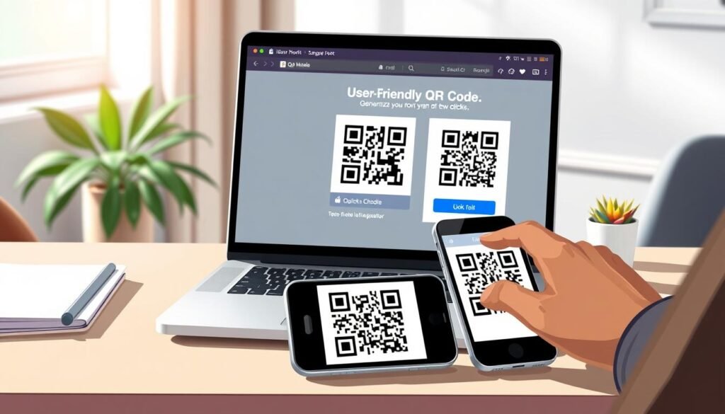 A sleek, modern workspace featuring a laptop open to a user-friendly QR code generator website. In the foreground, a person of diverse descent dressed in smart casual attire is engaged in the process, focused on the screen, with their hand hovering over the touchpad. The laptop displays a colorful QR code and options for customization. In the middle ground, there’s a smartphone with a QR code scanning app open, ready for quick sharing. The background includes a clean desk with a small potted plant and a notepad. Soft, natural lighting floods the room, creating a bright and inviting atmosphere. The scene captures the convenience and simplicity of creating a QR code in just a few clicks, highlighting technology and accessibility. A sleek, modern workspace featuring a laptop open to a user-friendly QR code generator website. In the foreground, a person of diverse descent dressed in smart casual attire is engaged in the process, focused on the screen, with their hand hovering over the touchpad. The laptop displays a colorful QR code and options for customization. In the middle ground, there’s a smartphone with a QR code scanning app open, ready for quick sharing. The background includes a clean desk with a small potted plant and a notepad. Soft, natural lighting floods the room, creating a bright and inviting atmosphere. The scene captures the convenience and simplicity of creating a QR code in just a few clicks, highlighting technology and accessibility.