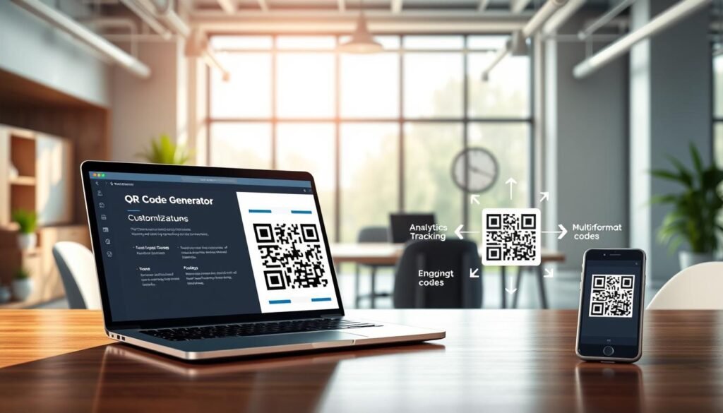 A sleek, modern workspace featuring a professional-looking QR code generator platform displayed on a laptop screen in the foreground. The laptop sits on a polished wooden desk, with a smartphone displaying a QR code next to it. In the middle ground, an infographic illustrates key features such as customization options, analytics tracking, and multi-format codes with engaging icons and arrows. The background shows a bright, airy office space with large windows allowing natural light to flood in, creating a productive atmosphere. Use soft, diffused lighting to enhance the atmosphere, and a shallow depth of field to focus on the QR code activities while softly blurring the background. The mood should convey innovation and efficiency. A sleek, modern workspace featuring a professional-looking QR code generator platform displayed on a laptop screen in the foreground. The laptop sits on a polished wooden desk, with a smartphone displaying a QR code next to it. In the middle ground, an infographic illustrates key features such as customization options, analytics tracking, and multi-format codes with engaging icons and arrows. The background shows a bright, airy office space with large windows allowing natural light to flood in, creating a productive atmosphere. Use soft, diffused lighting to enhance the atmosphere, and a shallow depth of field to focus on the QR code activities while softly blurring the background. The mood should convey innovation and efficiency.