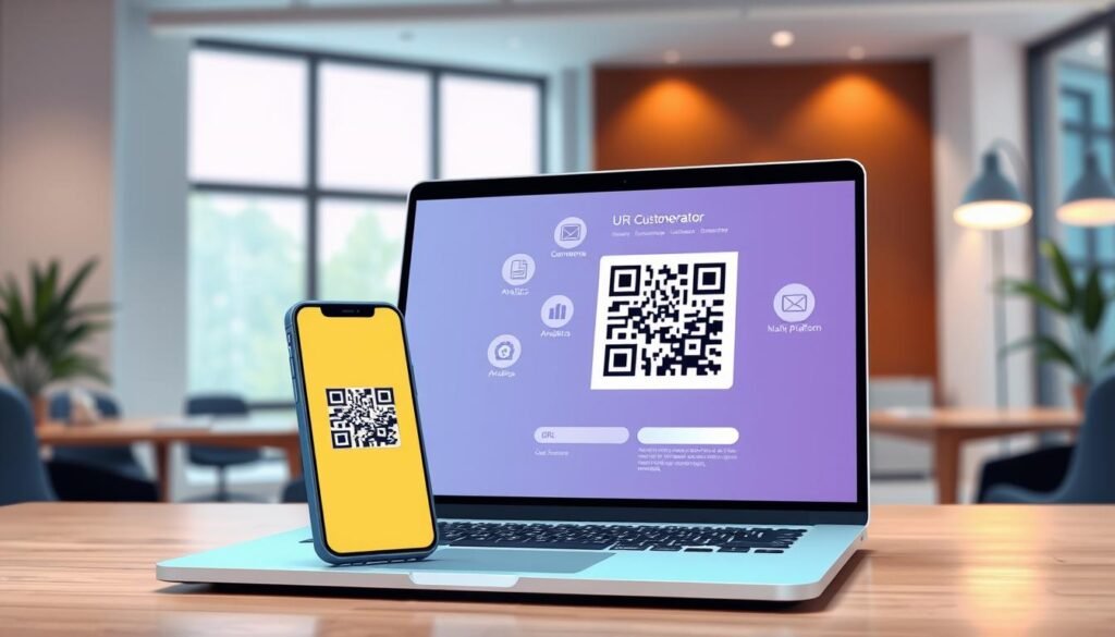 A sleek, modern workspace featuring an open laptop displaying a vibrant QR code generator interface. In the foreground, a smartphone scanning a QR code, with the screen illuminated, showcasing a successful scan of a URL. In the middle, a curated layout of iconography representing features like customization, analytics, and multi-platform sharing, arranged around the laptop. The background features a bright, minimalistic office environment with soft natural lighting filtering through large windows, creating a warm and inviting atmosphere. The overall mood is innovative and user-friendly, embodying ease of use and efficiency, perfect for quick sharing. A sleek, modern workspace featuring an open laptop displaying a vibrant QR code generator interface. In the foreground, a smartphone scanning a QR code, with the screen illuminated, showcasing a successful scan of a URL. In the middle, a curated layout of iconography representing features like customization, analytics, and multi-platform sharing, arranged around the laptop. The background features a bright, minimalistic office environment with soft natural lighting filtering through large windows, creating a warm and inviting atmosphere. The overall mood is innovative and user-friendly, embodying ease of use and efficiency, perfect for quick sharing.