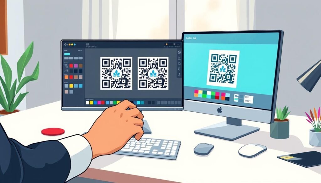 A sleek workspace scene featuring a modern desk with a computer displaying a customizable QR code software interface. The QR code is prominently displayed, showcasing unique colors and a logo integrated into the center, symbolizing brand identity. In the foreground, a person's hands (dressed in professional attire) are engaging with the interface, adjusting colors and styles. The middle of the image showcases vibrant QR codes in various color schemes, surrounded by design tools like color palettes and logos. The background features soft, natural lighting coming from a nearby window, creating a bright and inviting atmosphere. The overall mood is creative and professional, reflecting innovation in branding and digital communication. A sleek workspace scene featuring a modern desk with a computer displaying a customizable QR code software interface. The QR code is prominently displayed, showcasing unique colors and a logo integrated into the center, symbolizing brand identity. In the foreground, a person's hands (dressed in professional attire) are engaging with the interface, adjusting colors and styles. The middle of the image showcases vibrant QR codes in various color schemes, surrounded by design tools like color palettes and logos. The background features soft, natural lighting coming from a nearby window, creating a bright and inviting atmosphere. The overall mood is creative and professional, reflecting innovation in branding and digital communication.