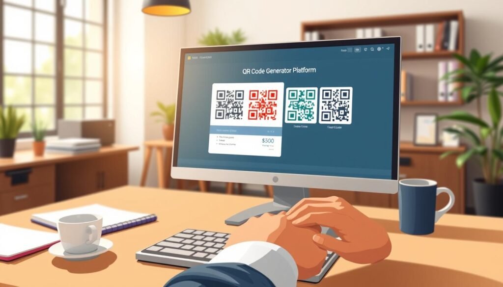 A sophisticated workspace featuring a desktop computer displaying a sleek QR Code Generator Platform interface, with the screen showcasing vibrant QR codes in various colors. In the foreground, a person's hands are poised over the keyboard, engaged in the code creation process, dressed in professional business attire. The middle-background showcases an organized desk adorned with a notepad and a coffee cup, hinting at a creative environment. Soft, natural lighting filters through a nearby window, creating a warm atmosphere that emphasizes productivity and innovation. The background features blurred office elements, like book shelves and potted plants, enhancing the professional setting. The overall mood is one of efficiency and modern technology, reflecting the simplicity and effectiveness of using a QR code generator. A sophisticated workspace featuring a desktop computer displaying a sleek QR Code Generator Platform interface, with the screen showcasing vibrant QR codes in various colors. In the foreground, a person's hands are poised over the keyboard, engaged in the code creation process, dressed in professional business attire. The middle-background showcases an organized desk adorned with a notepad and a coffee cup, hinting at a creative environment. Soft, natural lighting filters through a nearby window, creating a warm atmosphere that emphasizes productivity and innovation. The background features blurred office elements, like book shelves and potted plants, enhancing the professional setting. The overall mood is one of efficiency and modern technology, reflecting the simplicity and effectiveness of using a QR code generator.