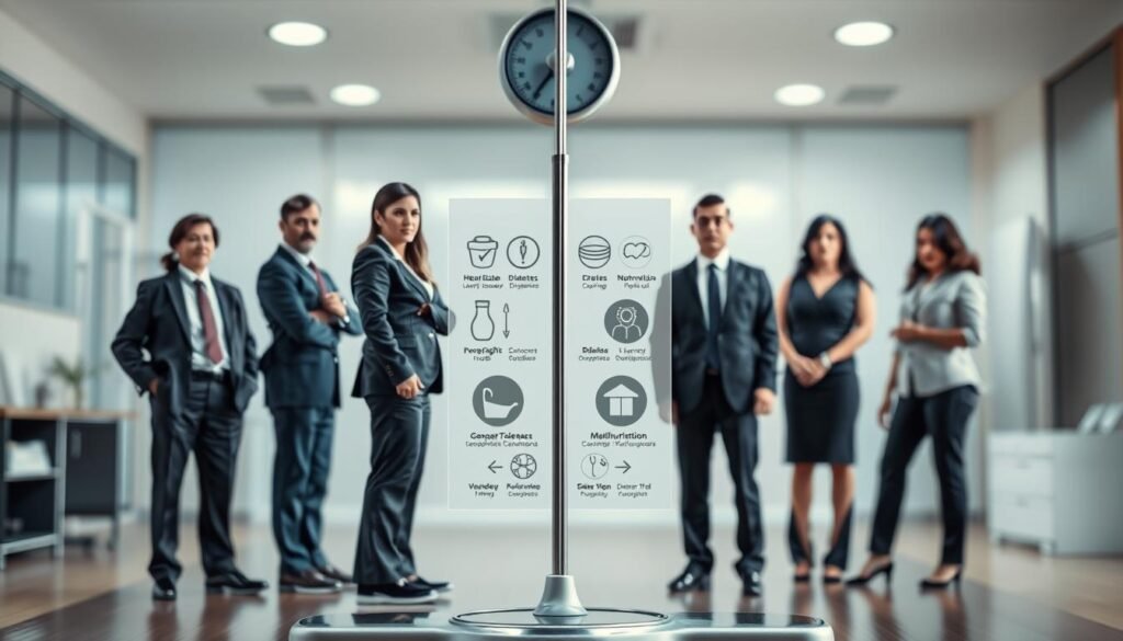 A split-image concept highlighting the health risks associated with being overweight and underweight. In the foreground, a diverse group of individuals (three men and three women) in professional business attire, standing on a weighing scale with serious expressions, symbolizing weight-related health concerns. In the middle ground, a large infographic showcasing icons representing health risks like heart disease, diabetes, and malnutrition. Each icon is distinct, using muted color tones to convey caution. The background features a blurred medical office environment with soft, diffused lighting that enhances the seriousness of the topic. The overall atmosphere reflects a sense of urgency and awareness about health risks associated with body weight, encouraging reflection and action. A split-image concept highlighting the health risks associated with being overweight and underweight. In the foreground, a diverse group of individuals (three men and three women) in professional business attire, standing on a weighing scale with serious expressions, symbolizing weight-related health concerns. In the middle ground, a large infographic showcasing icons representing health risks like heart disease, diabetes, and malnutrition. Each icon is distinct, using muted color tones to convey caution. The background features a blurred medical office environment with soft, diffused lighting that enhances the seriousness of the topic. The overall atmosphere reflects a sense of urgency and awareness about health risks associated with body weight, encouraging reflection and action.