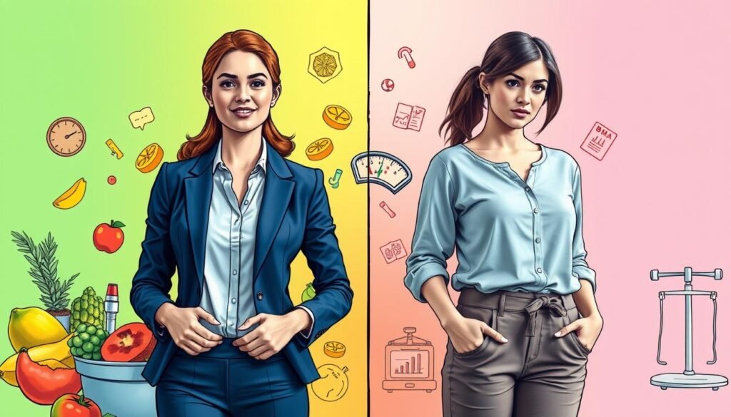 A split image illustrating the health risks of high and low BMI in women. In the foreground, on the left, a professional woman in business attire is standing confidently, with a healthy BMI, surrounded by symbols of vitality such as fruits, vegetables, and exercise equipment. Her expression reflects confidence and wellness. In the foreground, on the right, a woman dressed in modest casual clothing looks concerned, representing low BMI, with symbols of health risks like a scale and medical charts showing potential health issues. The middle layer features a gradient background transitioning from bright, energetic colors on the healthy side to subdued tones and muted colors on the low BMI side. Soft, natural lighting adds warmth and depth to the scene, creating a thoughtful mood that encourages awareness and reflection.