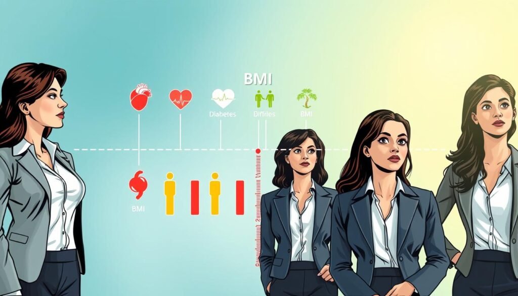 A split-scene illustration focusing on health risks associated with body weight for women. In the foreground, a diverse group of women in professional business attire, representing various BMI levels, stand confidently with thoughtful expressions. The middle section features a visual representation of health risks, like heart and diabetes icons, connected by thin lines to the corresponding BMI figures below, each vividly colored for clarity. The background showcases a subtle, gradient backdrop of calm blues and greens, symbolizing health and wellness. Soft lighting casts gentle shadows, highlighting the women's features, while a slight blur suggests depth, drawing attention to the foreground. The overall mood is informative yet empowering, encouraging awareness about health.