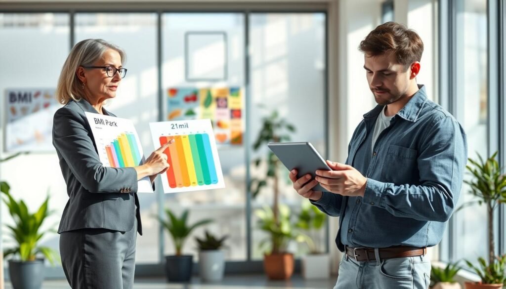 A split-screen image illustrating the concept of "Understanding BMI and Age." In the foreground, on the left, a middle-aged woman in professional attire stands confidently while pointing to a colorful BMI chart displaying various age ranges and corresponding BMI values. On the right side, a younger man in modest casual clothing is examining a digital tablet displaying a simplified BMI calculator interface. The middle layer shows a softly blurred background of a bright, modern healthcare office with health posters and plants for a welcoming atmosphere. Use natural daylight streaming through large windows to create a warm and engaging mood, capturing the importance of understanding BMI across different ages. The angle should be slightly elevated, giving an inclusive perspective to both subjects.