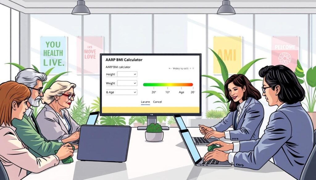 A step-by-step guide on using the AARP BMI calculator, featuring a professional setting. In the foreground, a diverse group of adults (various ethnicities and ages) are seated around a table, each engaged with laptops or tablets displaying the AARP BMI calculator. They are dressed in smart casual attire. In the middle ground, a large monitor shows the BMI calculator interface in detail, highlighting inputs for height, weight, and age with graphical elements indicating progress. The background features a bright, modern office environment with motivational health posters and green plants to create a welcoming atmosphere. Soft natural lighting filters through large windows, casting gentle shadows. The image conveys a tone of collaboration and empowerment in health management. A step-by-step guide on using the AARP BMI calculator, featuring a professional setting. In the foreground, a diverse group of adults (various ethnicities and ages) are seated around a table, each engaged with laptops or tablets displaying the AARP BMI calculator. They are dressed in smart casual attire. In the middle ground, a large monitor shows the BMI calculator interface in detail, highlighting inputs for height, weight, and age with graphical elements indicating progress. The background features a bright, modern office environment with motivational health posters and green plants to create a welcoming atmosphere. Soft natural lighting filters through large windows, casting gentle shadows. The image conveys a tone of collaboration and empowerment in health management.
