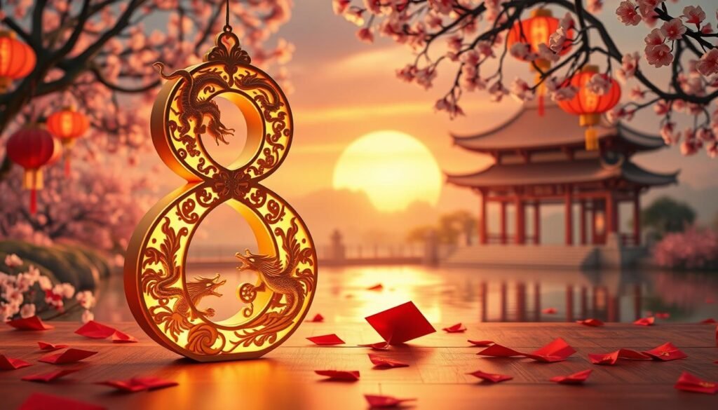 A striking composition focused on the number 8, a symbol of luck in Chinese culture. In the foreground, the number 8 is elegantly crafted from gold, adorned with intricate Chinese motifs, like dragons and phoenixes, glowing softly. In the middle ground, traditional Chinese lanterns and red envelopes (hongbao) are scattered, symbolizing prosperity and good fortune. The background features a tranquil landscape of a classic Chinese garden, with cherry blossoms gently falling and a shimmering pond reflecting the warm golden sunlight of a sunset. The lighting creates a magical atmosphere, casting soft shadows and highlighting the vibrant colors. The entire scene evokes a sense of tranquility, celebration, and the enchanting allure of cultural symbolism.