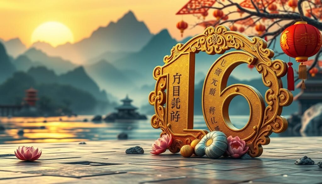 A striking image focusing on the number 16, artistically rendered in a traditional Chinese style. In the foreground, a large, ornate golden number 16 is surrounded by cultural symbols such as lotus flowers, Chinese coins, and inscriptions representing prosperity. In the middle ground, a serene landscape is depicted, showcasing iconic elements like misty mountains and a tranquil river reflecting the number's significance. The background features a soft sunset glow that casts warm light, enhancing the mood of tranquility and positivity. The entire composition evokes a sense of harmony and luck, ideal for illustrating the cultural importance of the number 16 in Chinese traditions. Shoot with a slightly elevated angle to create depth, focusing on the number while capturing the beauty of its surroundings.