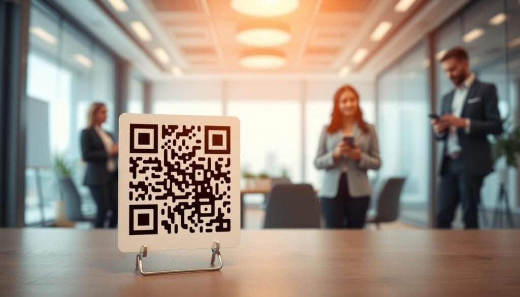 A striking visual representation of custom QR code features, set against a sleek, modern workspace background. In the foreground, showcase a vibrant QR code with unique design elements like patterns, colors, and icons that reflect versatility and branding. The middle ground can feature various devices—smartphones and tablets—scanning the QR codes, highlighting ease of use and accessibility. In the background, a blurred office environment with professional individuals dressed in business attire discussing the QR codes, emphasizing collaboration and innovation. Use bright, natural lighting to create an inviting atmosphere, with a slightly shallow depth of field to draw attention to the QR code. The scene should convey a sense of modern technology and creativity, inviting viewers to explore the potential of custom QR codes.