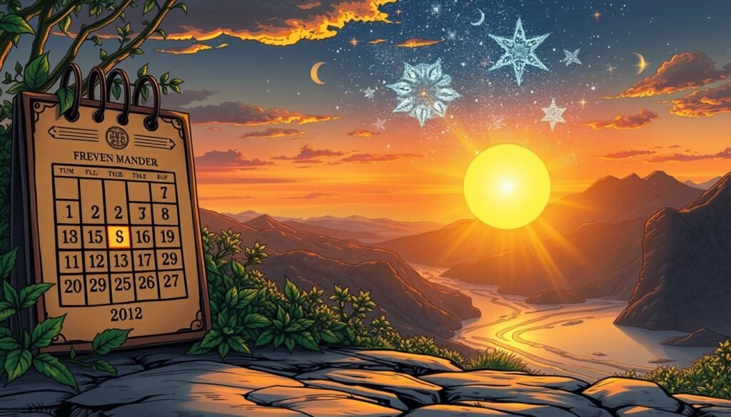 A stunning visual representation of the significance of the number seven in various cultures and aspects of life. In the foreground, an old-fashioned calendar with seven highlighted days, surrounded by lush greenery symbolizing growth and prosperity. In the middle, iconic symbols like seven wonders of the world, seven colors of the rainbow, and a starry night sky with seven shining stars, all intertwined harmoniously. In the background, a serene landscape featuring mountains, rivers, and a large, radiant sun setting on the horizon, casting warm golden light. The atmosphere exudes a sense of wonder and tranquility, inviting viewers to reflect on the mystical aspect of the number seven. The image should have a soft focus, capturing the warm and inviting mood of twilight.