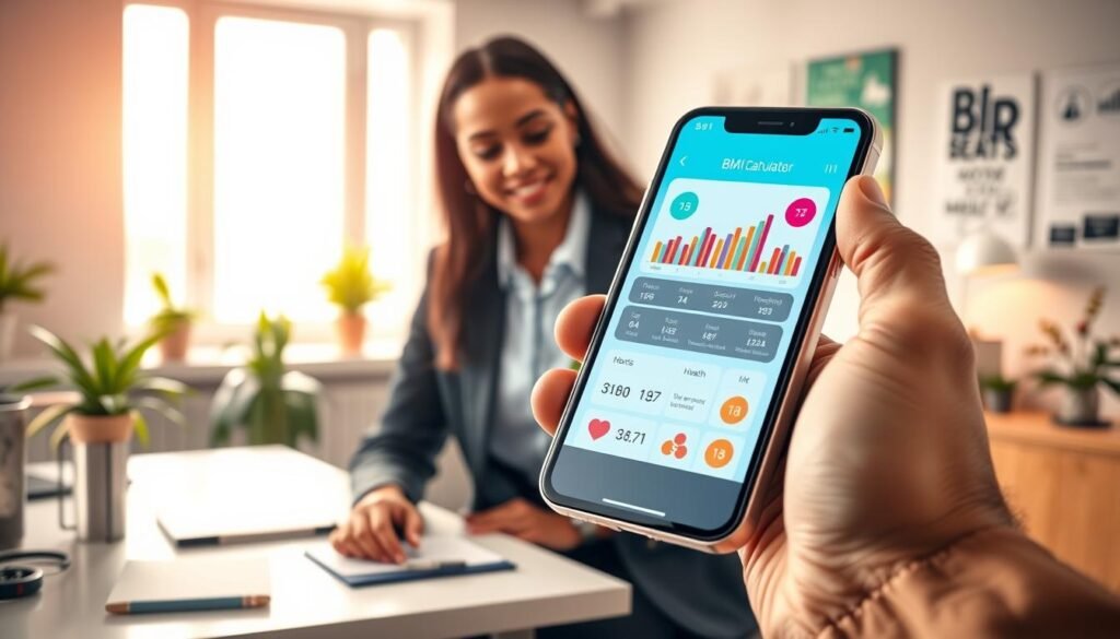 A stylish and modern smartphone displaying a BMI calculator app interface, featuring vibrant graphics with charts and health metrics. In the foreground, the phone is held by a diverse individual dressed in professional business attire, looking engaged and focused on the screen. The middle ground shows a simple desk cluttered with health-related items such as a water bottle, notepad, and a fitness tracker. The background features a softly lit, contemporary office environment, with plants and motivational posters, creating a healthy, encouraging atmosphere. The scene is illuminated with warm, natural light, enhancing a positive and inspiring mood. The composition should have a shallow depth of field, emphasizing the app and the user while softly blurring the background.