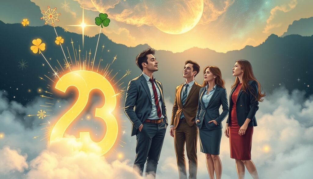 A surreal composition illustrating the significance of the number 23, centered in a dreamlike environment. In the foreground, a glowing number 23 shines brightly, surrounded by ethereal sparks and symbols representing luck, such as clovers and stars. The middle ground features a diverse group of three individuals dressed in professional business attire, gazing in wonder at the glowing number, embodying curiosity and intrigue. In the background, a misty landscape unfolds with hints of cosmic elements like twinkling stars and swirling galaxies, enhancing the mystical atmosphere. Soft, ambient lighting bathes the scene, casting gentle shadows and creating an inspiring mood, with a focus on the enchanting interaction between the characters and the significance of the number 23. A surreal composition illustrating the significance of the number 23, centered in a dreamlike environment. In the foreground, a glowing number 23 shines brightly, surrounded by ethereal sparks and symbols representing luck, such as clovers and stars. The middle ground features a diverse group of three individuals dressed in professional business attire, gazing in wonder at the glowing number, embodying curiosity and intrigue. In the background, a misty landscape unfolds with hints of cosmic elements like twinkling stars and swirling galaxies, enhancing the mystical atmosphere. Soft, ambient lighting bathes the scene, casting gentle shadows and creating an inspiring mood, with a focus on the enchanting interaction between the characters and the significance of the number 23.