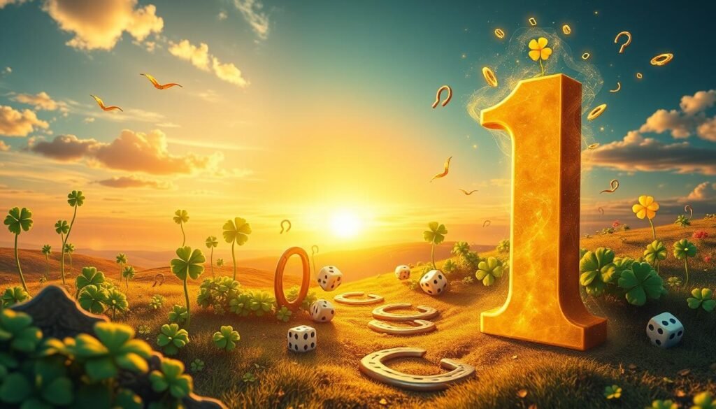 A surreal depiction of the number "1" as a prominent symbol in the foreground, surrounded by a mystical aura of golden light, suggesting luck and fortune. In the middle ground, a variety of lucky symbols such as four-leaf clovers, horseshoes, and dice are subtly integrated into an enchanting landscape, indicating the relationship between luck and number symbolism. The background features a soft-focus dreamlike sky transitioning from deep blue to a warm sunrise, symbolizing hope and new beginnings. The scene is well-lit, with soft, warm lighting to create an inviting and optimistic atmosphere. The angle is slightly elevated, offering a wide view of the elements but maintaining focus on the central "1" to highlight its significance. A surreal depiction of the number "1" as a prominent symbol in the foreground, surrounded by a mystical aura of golden light, suggesting luck and fortune. In the middle ground, a variety of lucky symbols such as four-leaf clovers, horseshoes, and dice are subtly integrated into an enchanting landscape, indicating the relationship between luck and number symbolism. The background features a soft-focus dreamlike sky transitioning from deep blue to a warm sunrise, symbolizing hope and new beginnings. The scene is well-lit, with soft, warm lighting to create an inviting and optimistic atmosphere. The angle is slightly elevated, offering a wide view of the elements but maintaining focus on the central "1" to highlight its significance.