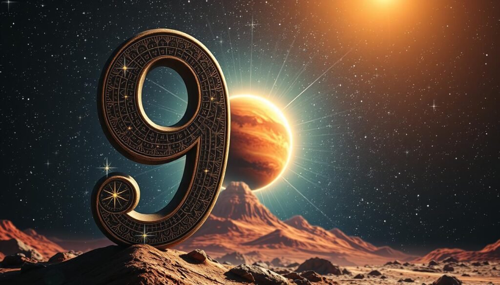 A surreal depiction of the number 9 prominently placed in the foreground, intricately designed with cosmic patterns and shimmering stars, embodying its association with luck. In the middle ground, a stylized illustration of the planet Mars, featuring its distinct red hues and rugged terrain, with ethereal rays of light connecting the number 9 to the planet, symbolizing their connection. The background showcases a vast night sky filled with twinkling stars, creating a sense of wonder and mystique. The scene is illuminated by soft, celestial lighting that enhances the magical atmosphere, while a slight lens flare adds a dreamy quality. The mood is contemplative and enchanting, inviting viewers to ponder the significance of the number 9 in relation to Mars. A surreal depiction of the number 9 prominently placed in the foreground, intricately designed with cosmic patterns and shimmering stars, embodying its association with luck. In the middle ground, a stylized illustration of the planet Mars, featuring its distinct red hues and rugged terrain, with ethereal rays of light connecting the number 9 to the planet, symbolizing their connection. The background showcases a vast night sky filled with twinkling stars, creating a sense of wonder and mystique. The scene is illuminated by soft, celestial lighting that enhances the magical atmosphere, while a slight lens flare adds a dreamy quality. The mood is contemplative and enchanting, inviting viewers to ponder the significance of the number 9 in relation to Mars.