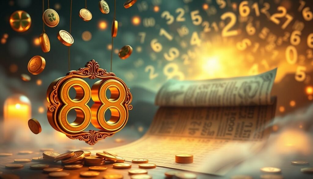 A surreal interpretation of "Understanding Luck in Numbers," featuring the number 88 as a central element. In the foreground, an ornate golden 88 floats, surrounded by shimmering coins and soft glowing orbs, symbolizing prosperity and fortune. The middle ground reveals a mystical, ancient scroll adorned with symbols of luck like four-leaf clovers and horseshoes, illuminated by soft, warm lighting that creates an inviting atmosphere. In the background, an abstract landscape of swirling numbers and ethereal lights evokes a sense of mystery and possibility. A soft focus adds depth, with gentle shadows enhancing the allure of the scene. The overall mood is enchanting and thought-provoking, inviting contemplation on the significance of lucky numbers. A surreal interpretation of "Understanding Luck in Numbers," featuring the number 88 as a central element. In the foreground, an ornate golden 88 floats, surrounded by shimmering coins and soft glowing orbs, symbolizing prosperity and fortune. The middle ground reveals a mystical, ancient scroll adorned with symbols of luck like four-leaf clovers and horseshoes, illuminated by soft, warm lighting that creates an inviting atmosphere. In the background, an abstract landscape of swirling numbers and ethereal lights evokes a sense of mystery and possibility. A soft focus adds depth, with gentle shadows enhancing the allure of the scene. The overall mood is enchanting and thought-provoking, inviting contemplation on the significance of lucky numbers.