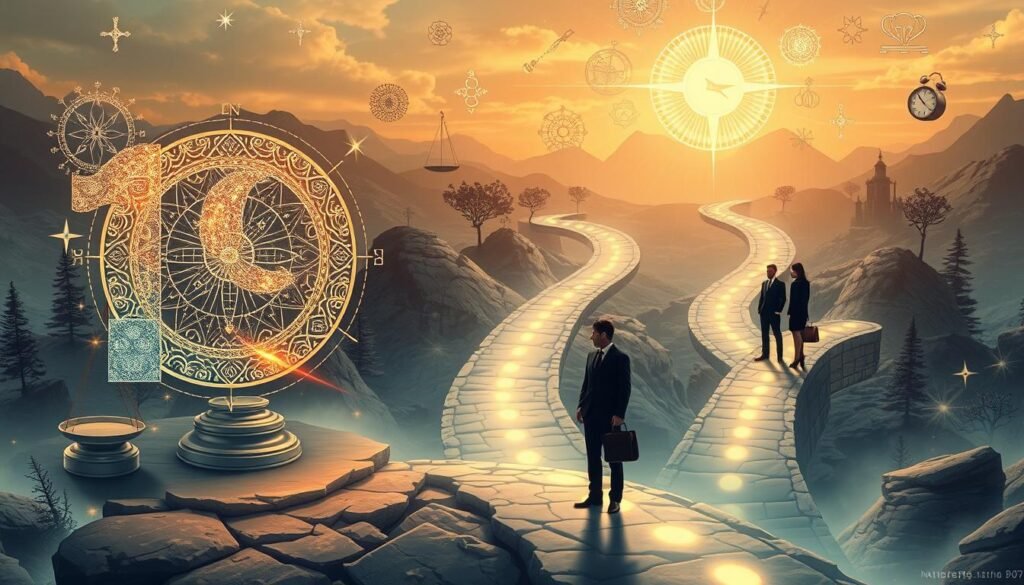 A surreal representation of the number 19, artistically interwoven with various life paths and decision-making elements. In the foreground, a large, luminous number 19 glistens with intricate patterns, surrounded by symbolic objects like a compass, scales, and a clock, representing guidance, balance, and the passage of time. The middle ground features pathways diverging in multiple directions, each illuminated by soft light, with silhouettes of people in professional business attire making choices along these paths. The background is a dreamlike landscape, blending natural elements like trees and mountains with abstract symbols of destiny and intuition. Overall, the atmosphere is contemplative and mystical with a soft, warm color palette, emphasizing the influence of 19 on life journeys. A surreal representation of the number 19, artistically interwoven with various life paths and decision-making elements. In the foreground, a large, luminous number 19 glistens with intricate patterns, surrounded by symbolic objects like a compass, scales, and a clock, representing guidance, balance, and the passage of time. The middle ground features pathways diverging in multiple directions, each illuminated by soft light, with silhouettes of people in professional business attire making choices along these paths. The background is a dreamlike landscape, blending natural elements like trees and mountains with abstract symbols of destiny and intuition. Overall, the atmosphere is contemplative and mystical with a soft, warm color palette, emphasizing the influence of 19 on life journeys.