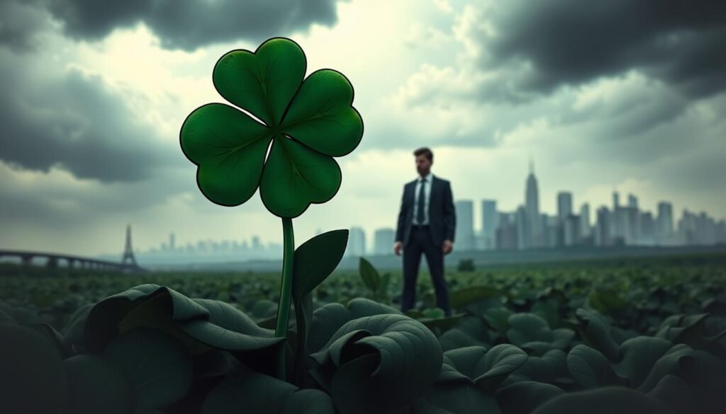 A surreal representation of the number '4' depicted in a whimsical yet ominous manner. In the foreground, a large, cracked four-leaf clover with visible imperfections symbolizes the idea of bad luck, surrounded by darker shades of green. In the middle ground, a shadowy figure, dressed in professional attire, gazes at the clover with a contemplative expression, signifying doubt and contemplation. The background features a surreal landscape, where stormy skies loom overhead, casting an unsettling light on the scene. A blurred city skyline faintly appears in the distance, highlighting a contrast between nature and urban life. Soft, diffused lighting creates a moody atmosphere, evoking feelings of contemplation and uncertainty. The overall composition should reflect a sense of intrigue while illustrating the concept that not all interpretations of '4' are fortunate. A surreal representation of the number '4' depicted in a whimsical yet ominous manner. In the foreground, a large, cracked four-leaf clover with visible imperfections symbolizes the idea of bad luck, surrounded by darker shades of green. In the middle ground, a shadowy figure, dressed in professional attire, gazes at the clover with a contemplative expression, signifying doubt and contemplation. The background features a surreal landscape, where stormy skies loom overhead, casting an unsettling light on the scene. A blurred city skyline faintly appears in the distance, highlighting a contrast between nature and urban life. Soft, diffused lighting creates a moody atmosphere, evoking feelings of contemplation and uncertainty. The overall composition should reflect a sense of intrigue while illustrating the concept that not all interpretations of '4' are fortunate.