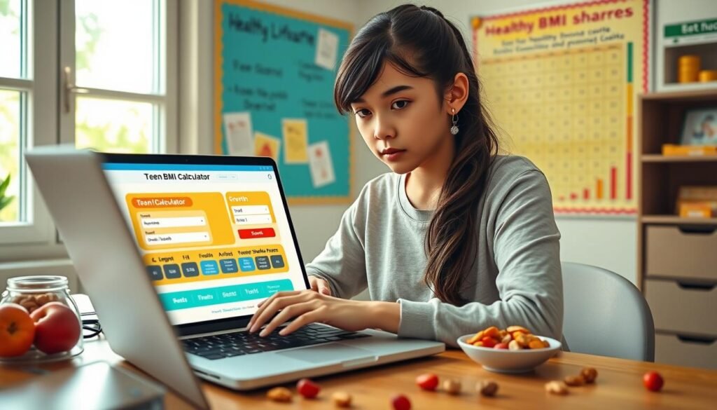A teenage girl with a focused expression is sitting at a desk, using a laptop to access a teen BMI calculator website. In the foreground, the laptop screen displays a colorful and user-friendly BMI calculator interface with input fields and results. The middle ground features the girl wearing a modest, casual outfit, with healthy snacks like fruits and nuts scattered around, symbolizing a balanced lifestyle. In the background, soft natural light filters through a window, illuminating a bulletin board filled with healthy lifestyle tips and growth charts. The overall mood is inspiring and educational, capturing the essence of tracking growth and health in a positive, empowering way. Shot from a slightly elevated angle to emphasize the interaction with the calculator, ensuring a clear view of her intent and focus. A teenage girl with a focused expression is sitting at a desk, using a laptop to access a teen BMI calculator website. In the foreground, the laptop screen displays a colorful and user-friendly BMI calculator interface with input fields and results. The middle ground features the girl wearing a modest, casual outfit, with healthy snacks like fruits and nuts scattered around, symbolizing a balanced lifestyle. In the background, soft natural light filters through a window, illuminating a bulletin board filled with healthy lifestyle tips and growth charts. The overall mood is inspiring and educational, capturing the essence of tracking growth and health in a positive, empowering way. Shot from a slightly elevated angle to emphasize the interaction with the calculator, ensuring a clear view of her intent and focus.