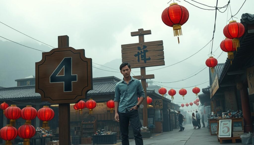 A thought-provoking scene illustrating the negative perception of the number four in Chinese culture. In the foreground, a traditional Chinese street market bustling with activity, featuring carefully arranged red lanterns, symbolizing good luck, contrasting with an ominous presence of the number four, depicted on a wooden sign partially obscured by mist. In the middle ground, a tall figure dressed in modest casual clothing examines the sign with a contemplative expression, surrounded by market stalls selling symbolic items like fish (representing prosperity) and other numbers, subtly hinting at the juxtaposition of fortune and misfortune. The background features misty mountains and a gray sky, enhancing a somber atmosphere. Use soft, diffused lighting to create a melancholic yet reflective mood, shot with a wide-angle lens to capture the vibrancy of the market alongside the underlying theme of superstition. A thought-provoking scene illustrating the negative perception of the number four in Chinese culture. In the foreground, a traditional Chinese street market bustling with activity, featuring carefully arranged red lanterns, symbolizing good luck, contrasting with an ominous presence of the number four, depicted on a wooden sign partially obscured by mist. In the middle ground, a tall figure dressed in modest casual clothing examines the sign with a contemplative expression, surrounded by market stalls selling symbolic items like fish (representing prosperity) and other numbers, subtly hinting at the juxtaposition of fortune and misfortune. The background features misty mountains and a gray sky, enhancing a somber atmosphere. Use soft, diffused lighting to create a melancholic yet reflective mood, shot with a wide-angle lens to capture the vibrancy of the market alongside the underlying theme of superstition.