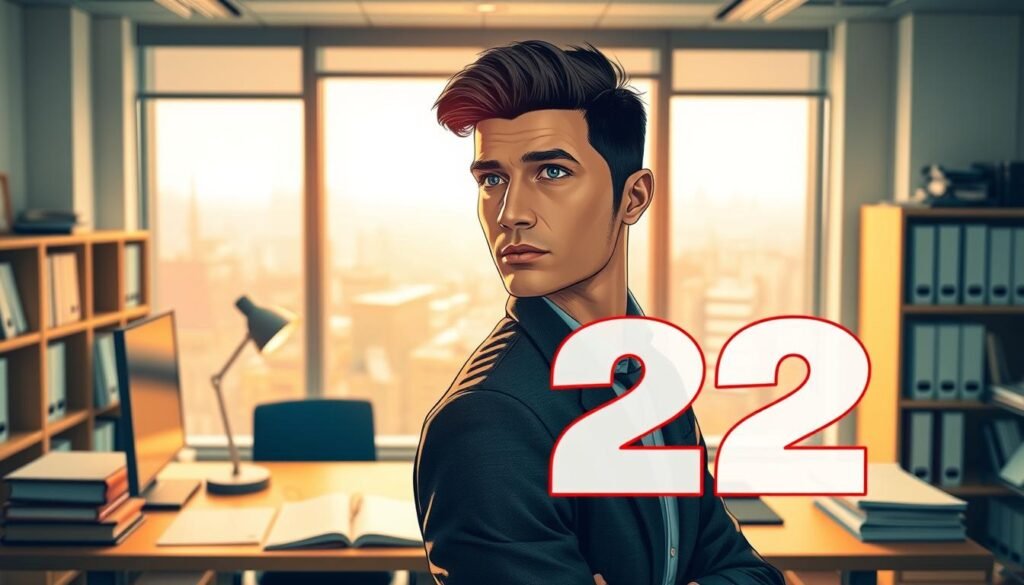 A thoughtful and introspective individual, embodying the personality traits of number 22, stands confidently in a well-lit office environment. The foreground features this person, dressed in smart casual attire, exuding determination and charisma, looking directly at the viewer with an expression of wisdom and clarity. In the middle ground, a clutter-free desk displays open books, notes, and a glowing desk lamp, symbolizing knowledge and organization. The background is a bright office window revealing a serene cityscape, suggesting ambition and grounded practicality. The mood is inspirational and uplifting, with warm, natural lighting adding a sense of positivity and focus. The lens captures the scene from a slightly elevated angle to enhance the individual's stature and presence, conveying calm energy and leadership qualities. A thoughtful and introspective individual, embodying the personality traits of number 22, stands confidently in a well-lit office environment. The foreground features this person, dressed in smart casual attire, exuding determination and charisma, looking directly at the viewer with an expression of wisdom and clarity. In the middle ground, a clutter-free desk displays open books, notes, and a glowing desk lamp, symbolizing knowledge and organization. The background is a bright office window revealing a serene cityscape, suggesting ambition and grounded practicality. The mood is inspirational and uplifting, with warm, natural lighting adding a sense of positivity and focus. The lens captures the scene from a slightly elevated angle to enhance the individual's stature and presence, conveying calm energy and leadership qualities.