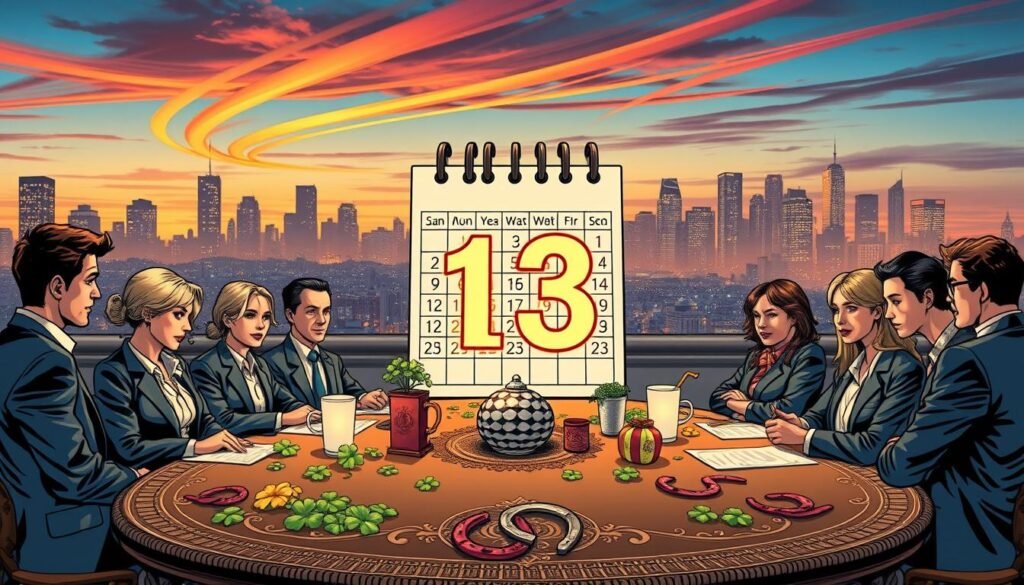A thoughtful composition illustrating the cultural significance of the number 13 in modern society. In the foreground, a group of diverse individuals—dressed in professional business attire—gather around a large, ornate table adorned with symbols of luck and superstition, like four-leaf clovers and horseshoes. In the middle ground, a large calendar prominently features the number 13, highlighted with soft, warm lighting to draw attention. The background features a cityscape at dusk, with streaks of vibrant colors in the sky symbolizing various beliefs and traditions surrounding the number. The atmosphere is engaging and curious, inviting viewers to reflect on the enduring fascination with this number and its dual reputation. The image is captured from a slightly elevated angle, evoking a sense of inclusivity and dialogue. A thoughtful composition illustrating the cultural significance of the number 13 in modern society. In the foreground, a group of diverse individuals—dressed in professional business attire—gather around a large, ornate table adorned with symbols of luck and superstition, like four-leaf clovers and horseshoes. In the middle ground, a large calendar prominently features the number 13, highlighted with soft, warm lighting to draw attention. The background features a cityscape at dusk, with streaks of vibrant colors in the sky symbolizing various beliefs and traditions surrounding the number. The atmosphere is engaging and curious, inviting viewers to reflect on the enduring fascination with this number and its dual reputation. The image is captured from a slightly elevated angle, evoking a sense of inclusivity and dialogue.