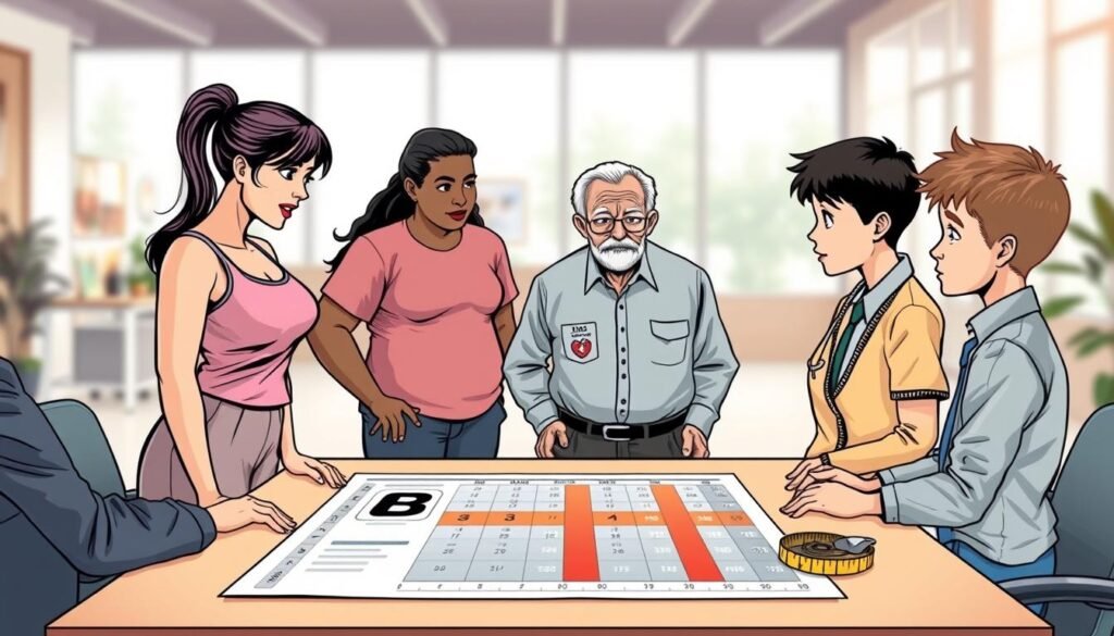 A thoughtful illustration reflecting the limitations of body mass index, featuring diverse individuals in professional attire engaging in a discussion. In the foreground, a group of four people of varying body types—an athletic woman, a curvy man, a petite elderly person, and a tall teenager—are gathered around a table with a BMI chart spread out. The middle layer includes various health-related icons, like a scale, a heart, and a tape measure, subtly integrated into the scene. In the background, a blurred out office setting with soft, natural lighting and large windows to evoke an open, inviting atmosphere. The image conveys a sense of collaboration and discovery, encouraging viewers to consider factors beyond just weight. A thoughtful illustration reflecting the limitations of body mass index, featuring diverse individuals in professional attire engaging in a discussion. In the foreground, a group of four people of varying body types—an athletic woman, a curvy man, a petite elderly person, and a tall teenager—are gathered around a table with a BMI chart spread out. The middle layer includes various health-related icons, like a scale, a heart, and a tape measure, subtly integrated into the scene. In the background, a blurred out office setting with soft, natural lighting and large windows to evoke an open, inviting atmosphere. The image conveys a sense of collaboration and discovery, encouraging viewers to consider factors beyond just weight.