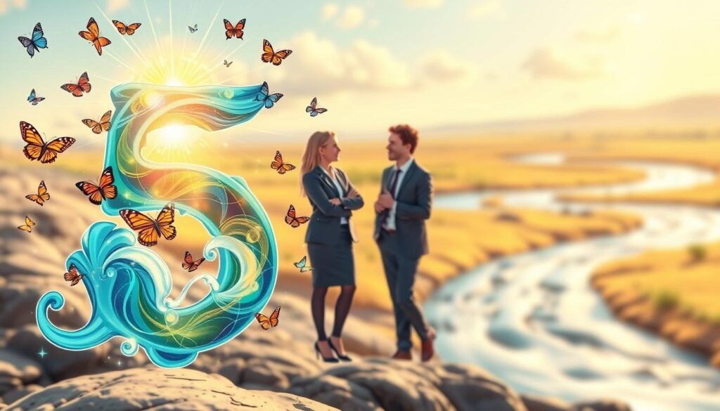 A thoughtful visualization representing the personality traits of the number 5 in numerology. In the foreground, illustrate an ethereal, radiant number 5 designed with vibrant colors like blue, orange, and green, surrounded by symbols of freedom and curiosity such as butterflies and waves. In the middle ground, depict individuals in professional business attire engaging in dynamic conversation, reflecting adaptability and enthusiasm, with expressions showcasing their spirited nature. In the background, create a soft, dreamy landscape featuring flowing rivers and open skies, symbolizing adventure and versatility. Use warm, natural lighting to enhance the inviting atmosphere, captured with a slightly blurred depth of field to focus attention on the number 5 and its dynamic representation of personality traits. A thoughtful visualization representing the personality traits of the number 5 in numerology. In the foreground, illustrate an ethereal, radiant number 5 designed with vibrant colors like blue, orange, and green, surrounded by symbols of freedom and curiosity such as butterflies and waves. In the middle ground, depict individuals in professional business attire engaging in dynamic conversation, reflecting adaptability and enthusiasm, with expressions showcasing their spirited nature. In the background, create a soft, dreamy landscape featuring flowing rivers and open skies, symbolizing adventure and versatility. Use warm, natural lighting to enhance the inviting atmosphere, captured with a slightly blurred depth of field to focus attention on the number 5 and its dynamic representation of personality traits.