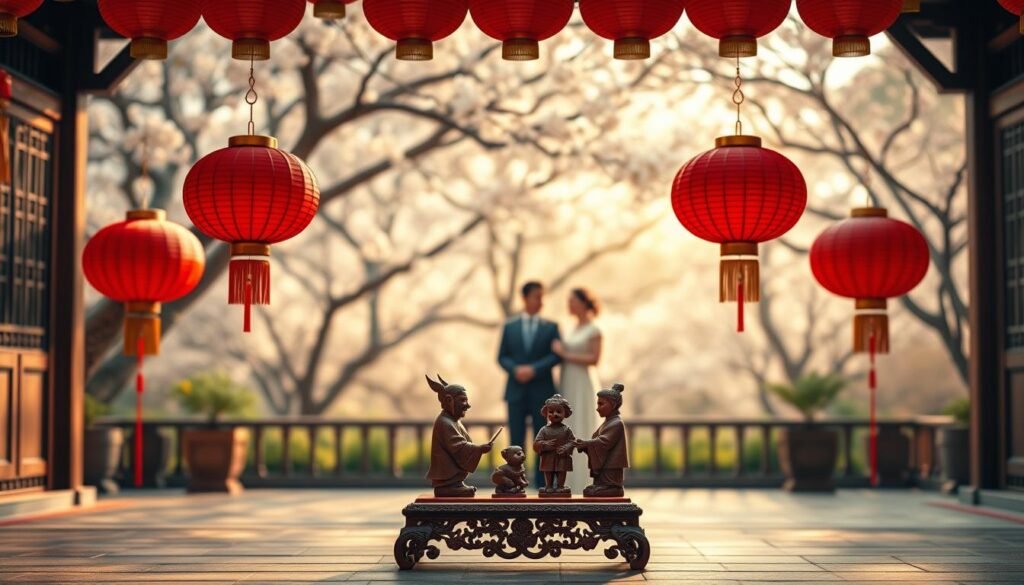 A traditional Chinese setting features a serene courtyard with a beautifully arranged display of four red lanterns, symbolizing luck and prosperity. In the foreground, a small, ornate table holds four intricately carved wooden figurines representing harmony and balance, set against a backdrop of blooming cherry blossom trees. The middle ground highlights a graceful, elegant Chinese couple dressed in modest, professional attire, gently examining the significance of the number four, their expressions contemplative and respectful. In the background, a soft, warm golden light filters through the trees, enhancing the peaceful ambiance; the scene captured with a shallow depth of field, creating a soft focus on the couple while maintaining detail on the lanterns and figurines. The overall mood is one of reflection and cultural appreciation, celebrating the complexities of Chinese beliefs surrounding the number four. A traditional Chinese setting features a serene courtyard with a beautifully arranged display of four red lanterns, symbolizing luck and prosperity. In the foreground, a small, ornate table holds four intricately carved wooden figurines representing harmony and balance, set against a backdrop of blooming cherry blossom trees. The middle ground highlights a graceful, elegant Chinese couple dressed in modest, professional attire, gently examining the significance of the number four, their expressions contemplative and respectful. In the background, a soft, warm golden light filters through the trees, enhancing the peaceful ambiance; the scene captured with a shallow depth of field, creating a soft focus on the couple while maintaining detail on the lanterns and figurines. The overall mood is one of reflection and cultural appreciation, celebrating the complexities of Chinese beliefs surrounding the number four.