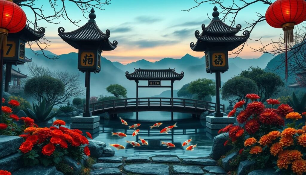 A tranquil Chinese garden scene focusing on symbolic elements of numbers in Chinese culture. In the foreground, elegant stone lanterns shaped like the number 7, surrounded by vibrant red and gold flowers representing prosperity and good fortune. In the middle, a traditional wooden bridge arches over a koi pond, where koi fish swim, each representing different numbers. The background features mountains shrouded in mist, with a serene, softly lit sky at twilight casting a warm glow over the entire scene. Use a wide-angle lens to capture depth, with gentle, diffused lighting to create an inviting and contemplative atmosphere. Emphasize the harmony between nature and culture, invoking a sense of peace and reverence for the significance of numbers.