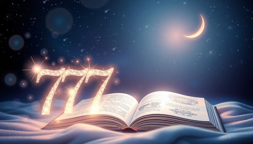 A tranquil scene depicting the significance of angel number 777 in a mystical ambiance. In the foreground, a glowing number '777' made of shimmering light, surrounded by soft, ethereal orbs symbolizing positive energy and guidance. In the middle ground, a beautifully detailed, open book with celestial illustrations and starry pages, representing knowledge and spiritual enlightenment. The background features a serene night sky, filled with twinkling stars and a subtle crescent moon casting gentle luminescence. The overall mood is calming and uplifting, suggesting hope and connection to the divine. Soft blue and violet hues dominate the color palette, enhancing the spiritual essence, while a warm, diffused light bathes the scene, creating a dreamlike atmosphere.