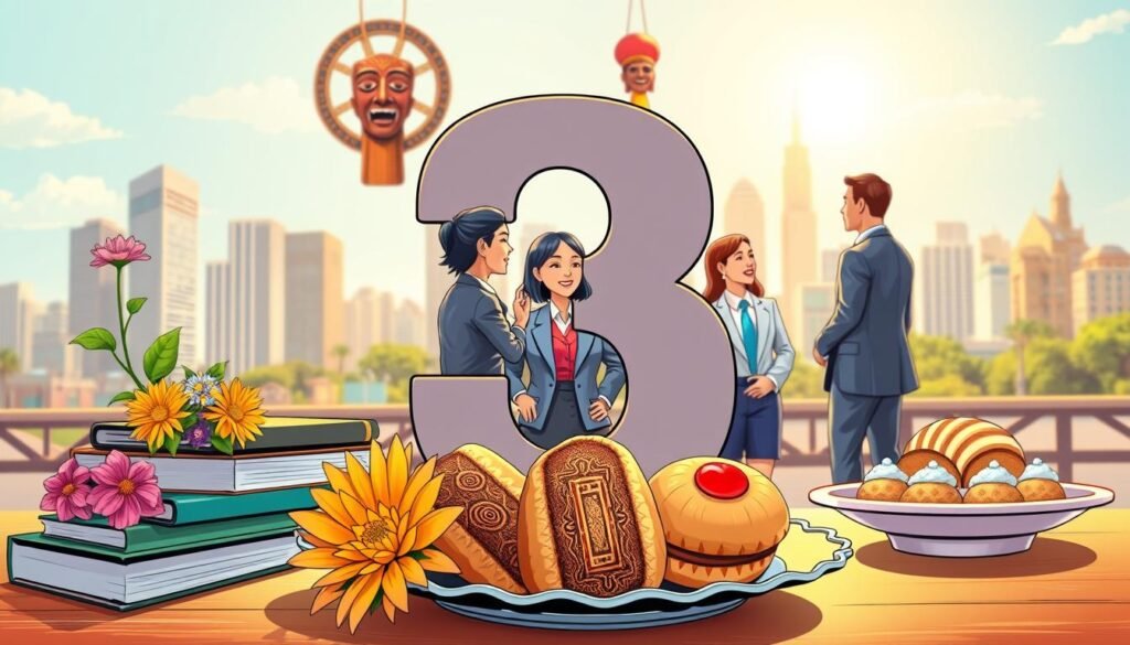 A vibrant and artistic composition showcasing the number 3 as it appears in various aspects of everyday life and culture. In the foreground, depict three colorful objects, such as a trio of flowers, a set of three books, and a plate of three delectable pastries, arranged harmoniously. In the middle ground, illustrate a diverse group of people in professional business attire, engaging in conversation, with three distinct cultural artifacts, like traditional masks or instruments, in their vicinity. The background should feature a bright cityscape with three prominent buildings or landmarks, bathed in warm sunlight, creating a welcoming atmosphere. Use a slight depth of field to emphasize the number 3 and its cultural significance. The overall mood should be lively and celebratory, reflecting the importance and luck of the number 3 in life.