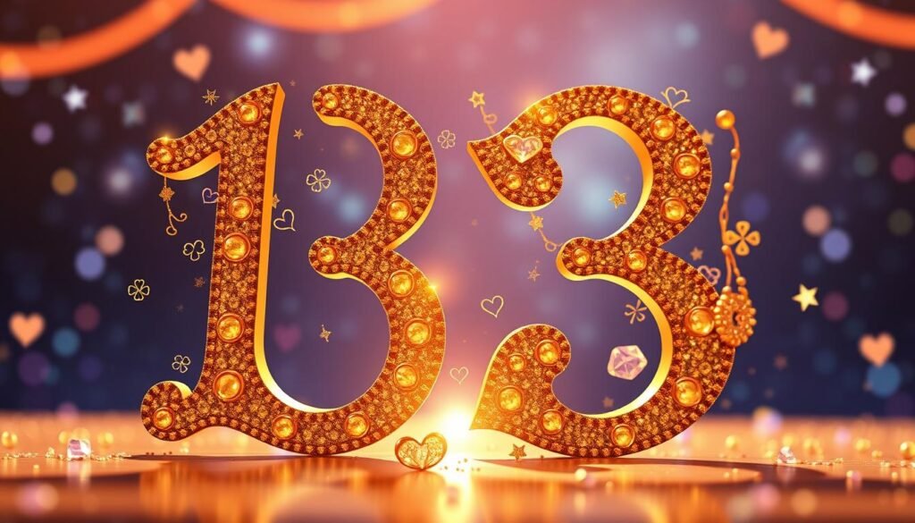 A vibrant and artistic representation of the number 13, designed to embody Taylor Swift's association with luck. The foreground features a large, ornate 13 made of sparkling gold and glittering gemstones, casting golden reflections. Surrounding the number, delicate illustrations of lucky symbols like stars, hearts, and four-leaf clovers are intertwined, adding a whimsical charm. The middle ground displays a soft, ethereal glow, with hints of pastel colors like lavender and pink radiating outwards. In the background, a surreal night sky with twinkling stars helps to create a magical atmosphere. The composition has a dreamy quality, with soft focus effects and subtle bokeh, giving it a celebratory and uplifting mood. The lighting is warm and inviting, enhancing the feeling of optimism and joy.