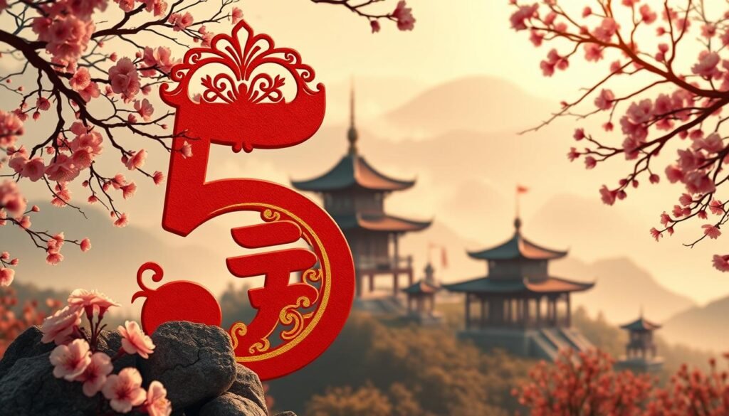 A vibrant and culturally rich depiction of the number 5, elegantly integrated into traditional Chinese motifs. In the foreground, the number 5, stylized in red and gold hues, symbolizes prosperity and good fortune, surrounded by intricate designs of Chinese calligraphy and harmonious natural elements like cherry blossoms. The middle ground features a serene temple or pagoda, set against a misty backdrop of rolling hills, evoking a sense of tranquility and balance. Soft, warm lighting bathes the scene, casting gentle shadows that enhance the richness of the colors. The atmosphere is both contemplative and celebratory, reflecting the dual nature of the number 5 in Chinese culture, embodying both luck and caution. The image is framed with a soft focus, resembling a fine art print. A vibrant and culturally rich depiction of the number 5, elegantly integrated into traditional Chinese motifs. In the foreground, the number 5, stylized in red and gold hues, symbolizes prosperity and good fortune, surrounded by intricate designs of Chinese calligraphy and harmonious natural elements like cherry blossoms. The middle ground features a serene temple or pagoda, set against a misty backdrop of rolling hills, evoking a sense of tranquility and balance. Soft, warm lighting bathes the scene, casting gentle shadows that enhance the richness of the colors. The atmosphere is both contemplative and celebratory, reflecting the dual nature of the number 5 in Chinese culture, embodying both luck and caution. The image is framed with a soft focus, resembling a fine art print.