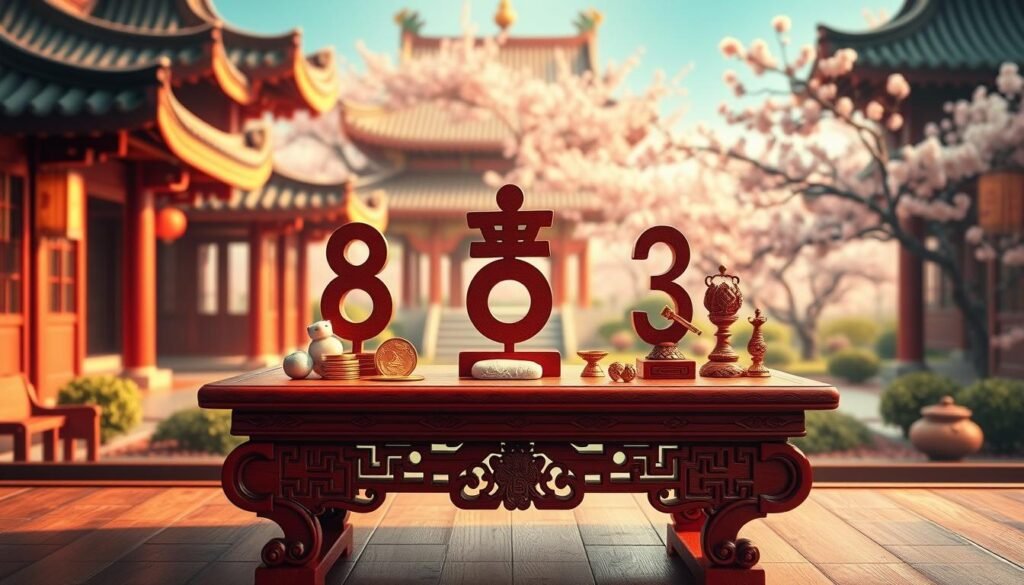A vibrant and culturally rich scene illustrating the significance of the number 6 in Chinese culture, set against a traditional backdrop of ornate Chinese architecture. In the foreground, present a beautifully crafted red wooden table adorned with symbolic items representing the number 6, like polished jade pieces, gold coins, and incense. In the middle, display an elegant arrangement of other key numbers like 8, 4, and 3, each personified through artistic representations, such as calligraphic symbols or decorative artifacts. The background features a serene garden with cherry blossom trees, symbolizing harmony and prosperity. Soft, warm lighting casts a gentle glow over the scene, creating an atmosphere of reverence and curiosity, with a slight depth of field effect to emphasize the foreground elements and subtly blur the background. A vibrant and culturally rich scene illustrating the significance of the number 6 in Chinese culture, set against a traditional backdrop of ornate Chinese architecture. In the foreground, present a beautifully crafted red wooden table adorned with symbolic items representing the number 6, like polished jade pieces, gold coins, and incense. In the middle, display an elegant arrangement of other key numbers like 8, 4, and 3, each personified through artistic representations, such as calligraphic symbols or decorative artifacts. The background features a serene garden with cherry blossom trees, symbolizing harmony and prosperity. Soft, warm lighting casts a gentle glow over the scene, creating an atmosphere of reverence and curiosity, with a slight depth of field effect to emphasize the foreground elements and subtly blur the background.