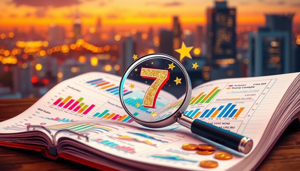 A vibrant and detailed illustration depicting the concept of "luckiest numbers analysis." In the foreground, an open ledger filled with colorful charts and graphs representing various lucky numbers and their statistical significance in the U.S. A magnifying glass emphasizing a particularly notable number. In the middle, a large, glowing number seven surrounded by sparkling stars and golden coins, conveying its luckiness. The background features a soft-focus cityscape at dusk with twinkling lights, suggesting prosperity and good fortune. The overall mood is optimistic and intriguing, illuminated by warm, ambient lighting that casts a soft glow on the scene. The perspective is slightly tilted, enhancing the dynamic feel of the analysis without any text or distractions present.
