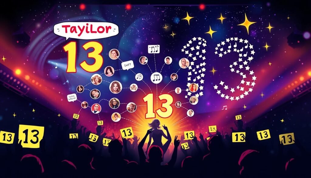 A vibrant and dynamic collage illustrating Taylor Swift's connections in music, with an emphasis on the number 13. In the foreground, a stylized representation of a concert scene, with silhouettes of Taylor Swift performing on stage, surrounded by fans holding illuminated banners featuring the number 13. The middle layer showcases a whimsical flowchart connecting various artists she has collaborated with, filled with musical notes and imagery of records. In the background, a dreamy night sky filled with stars twinkling in the shape of the number 13. The lighting is warm and enchanting, capturing the excitement of a live performance, with a soft lens blur to create a magical atmosphere. The overall mood is celebratory and inspiring, reflecting Swift's impact on her fans and the music industry.