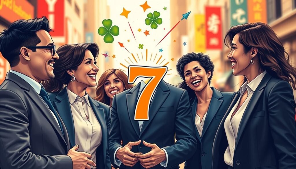A vibrant and dynamic portrayal of individuals embodying the characteristics often associated with the lucky number 7. In the foreground, a diverse group of three people, elegantly dressed in professional business attire, engage in lively conversation, exuding confidence, optimism, and camaraderie. Their expressions reflect enthusiasm and joy, emphasizing their positive outlook on life. In the middle, a colorful background features elements symbolizing luck, such as four-leaf clovers and shooting stars, subtly intertwined with the number 7. The atmosphere is warm and inviting, with soft lighting that creates a sense of radiance and positivity. The scene is captured with a shallow depth of field, focusing on the group while softly blurring the busy urban environment behind them, suggesting a blend of tradition and modernity. The overall mood is uplifting and inspiring, perfect for illustrating the traits of those drawn to the number 7. A vibrant and dynamic portrayal of individuals embodying the characteristics often associated with the lucky number 7. In the foreground, a diverse group of three people, elegantly dressed in professional business attire, engage in lively conversation, exuding confidence, optimism, and camaraderie. Their expressions reflect enthusiasm and joy, emphasizing their positive outlook on life. In the middle, a colorful background features elements symbolizing luck, such as four-leaf clovers and shooting stars, subtly intertwined with the number 7. The atmosphere is warm and inviting, with soft lighting that creates a sense of radiance and positivity. The scene is captured with a shallow depth of field, focusing on the group while softly blurring the busy urban environment behind them, suggesting a blend of tradition and modernity. The overall mood is uplifting and inspiring, perfect for illustrating the traits of those drawn to the number 7.