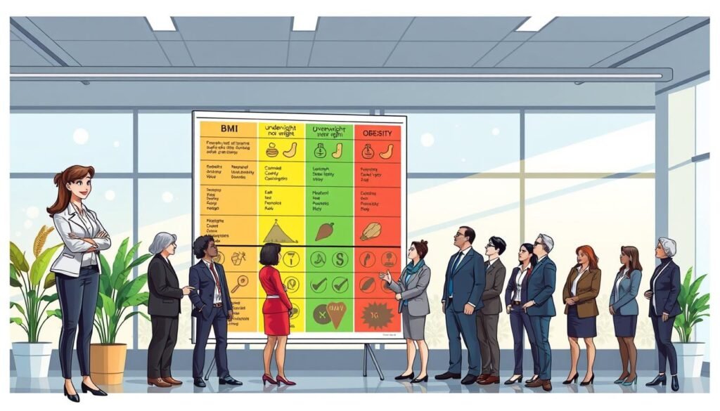 A vibrant and educational illustration depicting various BMI categories and their health implications. In the foreground, a professional dietitian in smart casual attire stands next to a large, visually engaging chart displaying BMI categories—underweight, normal weight, overweight, and obesity—with distinct colors and icons symbolizing health risks associated with each category. In the middle ground, a diverse group of individuals, dressed in professional business attire, observes the chart, showcasing a range of ages and ethnicities. In the background, a calming, well-lit health clinic environment with soft natural light filtering through large windows and potted plants, creating an inviting atmosphere for discussion and learning. The overall mood is informative and supportive, encouraging a healthy lifestyle. A vibrant and educational illustration depicting various BMI categories and their health implications. In the foreground, a professional dietitian in smart casual attire stands next to a large, visually engaging chart displaying BMI categories—underweight, normal weight, overweight, and obesity—with distinct colors and icons symbolizing health risks associated with each category. In the middle ground, a diverse group of individuals, dressed in professional business attire, observes the chart, showcasing a range of ages and ethnicities. In the background, a calming, well-lit health clinic environment with soft natural light filtering through large windows and potted plants, creating an inviting atmosphere for discussion and learning. The overall mood is informative and supportive, encouraging a healthy lifestyle.