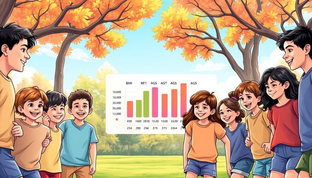 A vibrant and educational illustration showcasing BMI in children and teens. In the foreground, depict a diverse group of children and teenagers engaging in a fun outdoor activity, wearing comfortable casual clothing, such as t-shirts and shorts. Focus on their expressions of joy and teamwork. In the middle ground, include a playful chart or graph illustrating BMI values for different ages, creatively integrated into a playground scene. The background should feature colorful trees and a bright sky to create an inviting atmosphere. Use soft, natural lighting to enhance the cheerful mood, and employ a slight tilt-angle perspective to draw the viewer's attention upward, symbolizing growth and positivity. The overall composition should be harmonious, reflecting the importance of healthy growth in youth. A vibrant and educational illustration showcasing BMI in children and teens. In the foreground, depict a diverse group of children and teenagers engaging in a fun outdoor activity, wearing comfortable casual clothing, such as t-shirts and shorts. Focus on their expressions of joy and teamwork. In the middle ground, include a playful chart or graph illustrating BMI values for different ages, creatively integrated into a playground scene. The background should feature colorful trees and a bright sky to create an inviting atmosphere. Use soft, natural lighting to enhance the cheerful mood, and employ a slight tilt-angle perspective to draw the viewer's attention upward, symbolizing growth and positivity. The overall composition should be harmonious, reflecting the importance of healthy growth in youth.