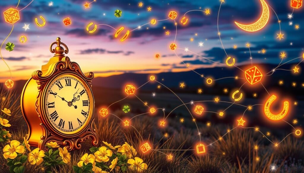 A vibrant and enchanting scene depicting the theme of luck associated with the number 12. In the foreground, an ornate golden clock striking twelve, surrounded by twelve shimmering, colorful lucky charms, like four-leaf clovers, horseshoes, and dice. The middle ground features an array of celestial symbols, like stars and moons, all interconnected by soft, glowing lines representing connection and fortune. In the background, a serene landscape under a twilight sky, where the colors merge into deep blues and purples, evoking a sense of mystery and wonder. The lighting is warm and inviting, creating a magical atmosphere. The angles focus on the clock and charms from a slightly elevated perspective, allowing the viewer to feel as if they are part of this charming exploration of the number 12.