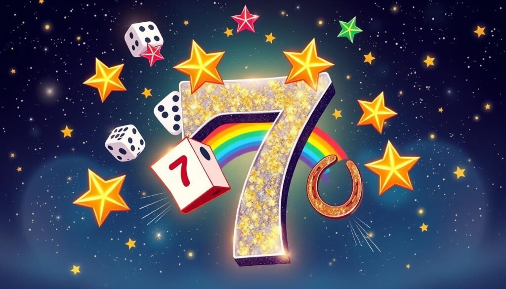 A vibrant and engaging illustration showcasing the number seven as a symbol of luck, with seven colorful stars surrounding it in a whimsical, enchanting atmosphere. In the foreground, a large, sparkling number 7 is embellished with gold accents and glitter. The middle layer features playful elements like dice showing the number 7, a rainbow, and a lucky horseshoe, suggesting various cultures' beliefs about its significance. The background includes a night sky filled with twinkling stars, casting a soft, magical glow. The lighting is warm and inviting, enhancing a sense of wonder and joy. The overall mood is celebratory and uplifting, reflecting the fascination with the number seven without any text or additional elements. A vibrant and engaging illustration showcasing the number seven as a symbol of luck, with seven colorful stars surrounding it in a whimsical, enchanting atmosphere. In the foreground, a large, sparkling number 7 is embellished with gold accents and glitter. The middle layer features playful elements like dice showing the number 7, a rainbow, and a lucky horseshoe, suggesting various cultures' beliefs about its significance. The background includes a night sky filled with twinkling stars, casting a soft, magical glow. The lighting is warm and inviting, enhancing a sense of wonder and joy. The overall mood is celebratory and uplifting, reflecting the fascination with the number seven without any text or additional elements.