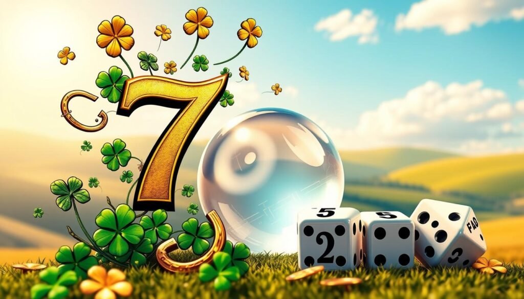 A vibrant and engaging representation of the concept of a "lucky number." In the foreground, feature a large, prominent number seven, artistically designed with gold and green colors, surrounded by various symbols of luck such as four-leaf clovers and horseshoes. In the middle ground, include a crystal-clear, shimmering lottery ball and playing dice showing favorable numbers, enhancing the theme of fortune. The background should be filled with a soft, blurred landscape of a sunny sky and rolling hills, creating a cheerful and optimistic atmosphere. Use warm, natural lighting to illuminate the scene, capturing a sense of positivity and hope. The angle should be slightly tilted to give a dynamic feel, inviting viewers into the world of lucky numbers. A vibrant and engaging representation of the concept of a "lucky number." In the foreground, feature a large, prominent number seven, artistically designed with gold and green colors, surrounded by various symbols of luck such as four-leaf clovers and horseshoes. In the middle ground, include a crystal-clear, shimmering lottery ball and playing dice showing favorable numbers, enhancing the theme of fortune. The background should be filled with a soft, blurred landscape of a sunny sky and rolling hills, creating a cheerful and optimistic atmosphere. Use warm, natural lighting to illuminate the scene, capturing a sense of positivity and hope. The angle should be slightly tilted to give a dynamic feel, inviting viewers into the world of lucky numbers.