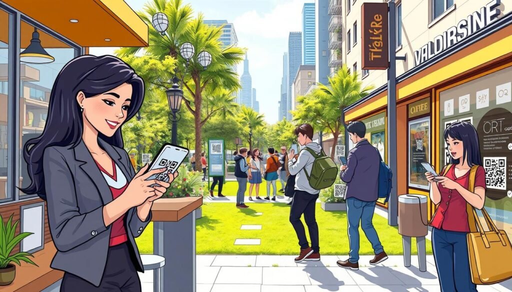 A vibrant and engaging urban setting showcasing various smart places to utilize QR codes. In the foreground, a professional-looking woman scans a QR code on her smartphone in a modern café, while a barista stands ready with a QR code menu beside her. In the middle, a bustling park area features people interacting with QR codes on informational signage. Nearby, a couple uses QR codes to access event details on their devices, adding to the lively atmosphere. The background reveals a cityscape with storefronts displaying window decals featuring QR codes. Bright, natural lighting bathes the scene, captured from a slightly elevated angle to include diverse activities. The overall mood is dynamic and innovative, reflecting modern technology seamlessly integrated into everyday life.