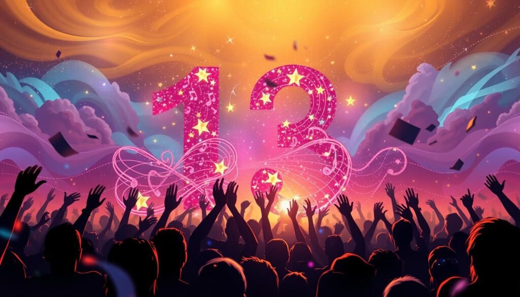 A vibrant and imaginative representation of Taylor Swift's connection to numerology and her fans, focusing on the significance of the lucky number 13. In the foreground, a stylized, ethereal depiction of the number 13 intertwined with musical notes and stars, symbolizing her artistic essence. In the middle ground, silhouettes of diverse fans joyfully celebrating, surrounded by colorful lights and confetti, reflecting their admiration and connection to her music. The background features a dreamy landscape of swirling clouds and constellations, with hints of a concert stage illuminated by soft, enchanting lighting. The atmosphere is uplifting and magical, inviting viewers into a world where music, numerology, and fandom beautifully intertwine. Use a soft-focus lens with warm tones to enhance the mood and create a sense of wonder.