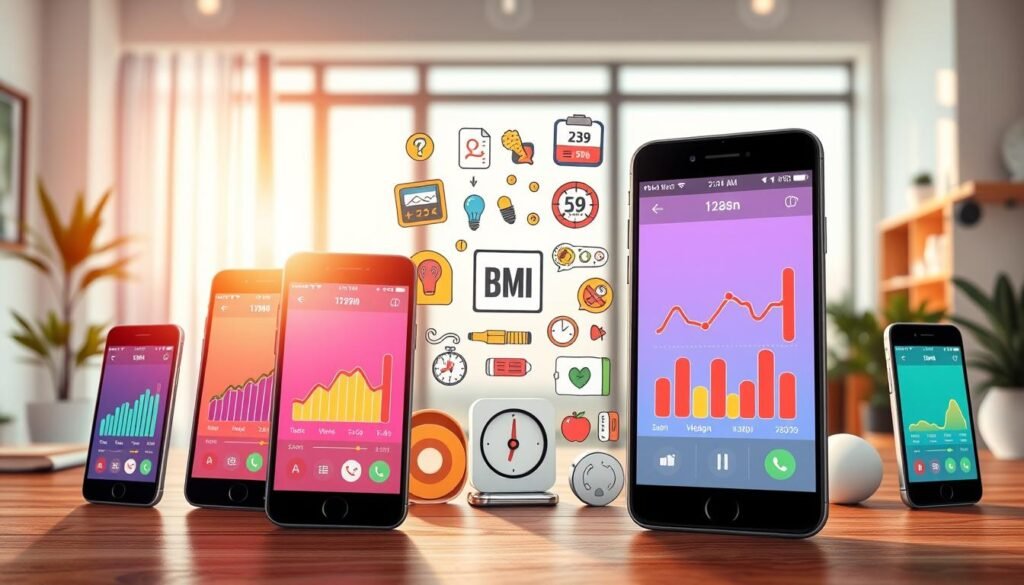 A vibrant and informative digital collage showcasing the top BMI calculator apps for health tracking. In the foreground, display smartphone screens with user-friendly app interfaces featuring vibrant graphs and health statistics. Each screen showcases different app designs and colorful BMI results. In the middle ground, arrange various health-related icons like scales, heart rate monitors, and nutrition symbols, blending modern technology with wellness themes. The background should feature a serene and inviting workspace, with soft, diffused lighting emanating from a large window, casting gentle shadows. The atmosphere should feel motivational and health-conscious, promoting an ideal balance between technology and personal well-being. Use a wide-angle lens perspective to create depth, ensuring everything feels dynamic yet cohesive. No text or branding should be included.