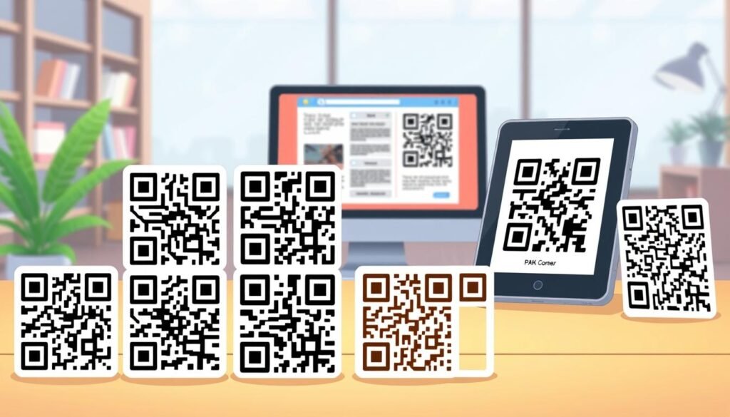 A vibrant and informative illustration showcasing various types of QR codes in a visually engaging manner. In the foreground, display a selection of QR codes with distinct designs, including basic black-and-white, colorful artistic variations, and even interactive codes that appear three-dimensional. In the middle ground, include a workspace environment, featuring a computer with a QR code generator application open, alongside digital tablets displaying the QR codes in use. The background should be softly blurred to suggest a modern office setting with ambient lighting. The overall mood is innovative and creative, inviting viewers to explore the possibilities of QR code generation. Use soft natural lighting to create a warm and inviting atmosphere. A vibrant and informative illustration showcasing various types of QR codes in a visually engaging manner. In the foreground, display a selection of QR codes with distinct designs, including basic black-and-white, colorful artistic variations, and even interactive codes that appear three-dimensional. In the middle ground, include a workspace environment, featuring a computer with a QR code generator application open, alongside digital tablets displaying the QR codes in use. The background should be softly blurred to suggest a modern office setting with ambient lighting. The overall mood is innovative and creative, inviting viewers to explore the possibilities of QR code generation. Use soft natural lighting to create a warm and inviting atmosphere.